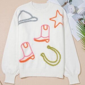 Cowgirl Cowboy Rodeo Western Tinsel Horseshoe Blueb Collection Cream Sweater